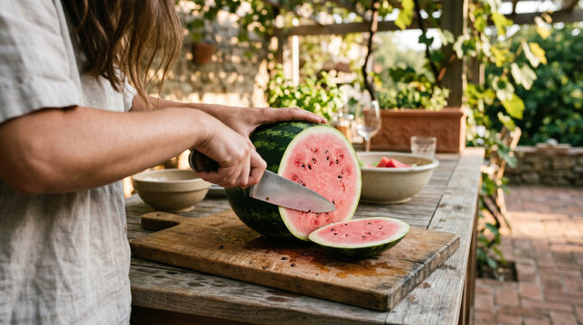 Person slicing fresh watermelon on rustic outdoor wooden table.