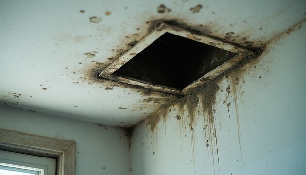 Moldy ceiling vent shows water damage and dirt buildup in neglected house. Dark mold spores spread around air duct and wall indicating poor air quality and need for repair.