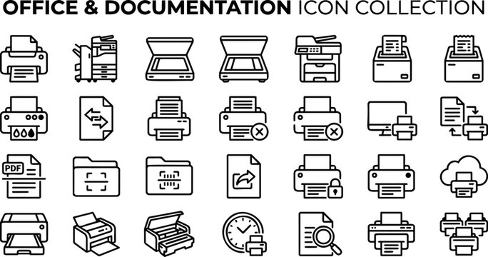 Minimalist line art printer and documentation icon set, hollow vector