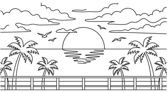 Sunset beach scenery with palm trees and ocean horizon.