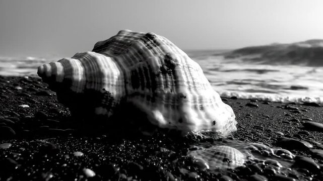 Black and white close-up of a conch shell being splashed by ocean water on a dark pebble beach with waves.
