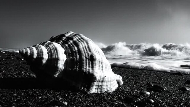 Black and white close up of a seashell on a dark sandy beach with ocean waves crashing in the background under a cloudy sky.