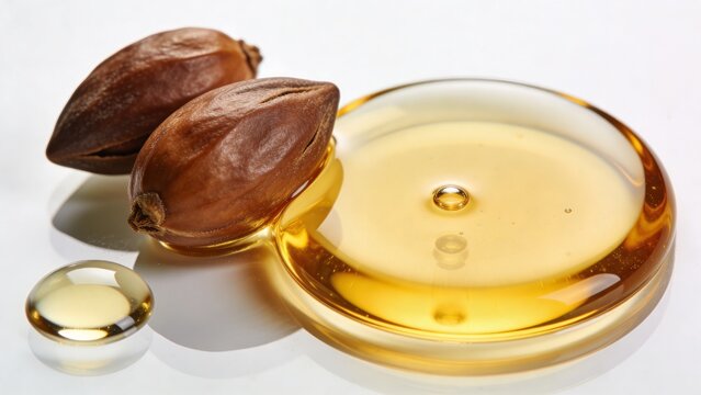 Golden jojoba oil puddle with seeds on a white reflective background, cosmetic raw material macro shot