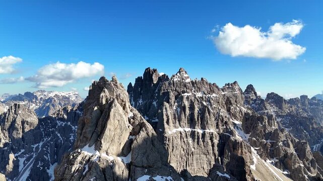Aerial drone view of majestic rocky mountains in the Alps, Dolomites. Alpine landscape. Italy	
