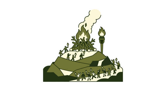 Ancient Ritual: People carrying torches ascend hill towards large bonfire on mountaintop