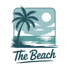Obraz premium Beach Icon with Palm Trees, Ocean Waves, Sun Circle, and the Text 