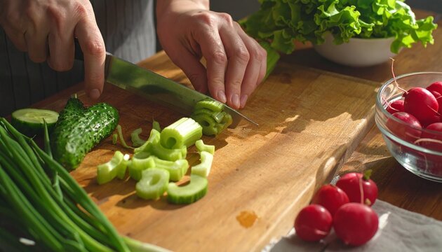 Close-up of hands slicing fresh green celery on a wooden cutting board with radishes and lettuce