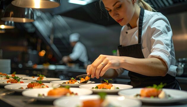 Focused female chef garnishing salmon dishes with precision in a professional restaurant kitchen