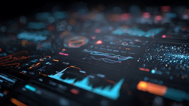 Futuristic Data Visualization Dashboard Displaying Complex Analytical Financial Trends and Digital Information Networks in Cyber Space