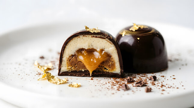 Gourmet luxury chocolate bonbons | Artisan truffles with gold leaf | Liquid caramel center burst chocolate | Fine dining dessert photography | Premium handmade sweets