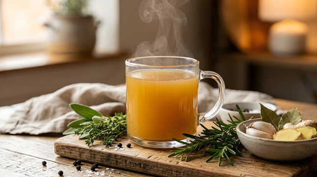 Healthy organic bone broth in glass mug | Warm steaming nutritional soup with herbs | Homemade collagen rich broth for wellness | Savory beef stock rustic food photography