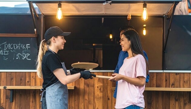 Friendly food service worker in apron and cap serving a customer from a food truck stall with wooden