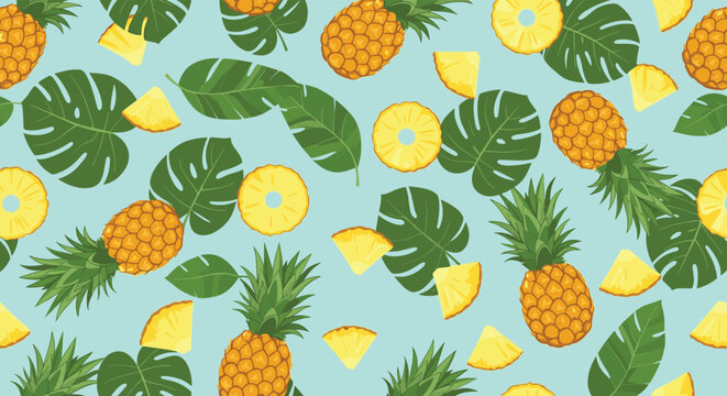 Refreshing pineapple seamless pattern with whole fruits slices and green tropical leaves on light blue background for summer fabric prints.