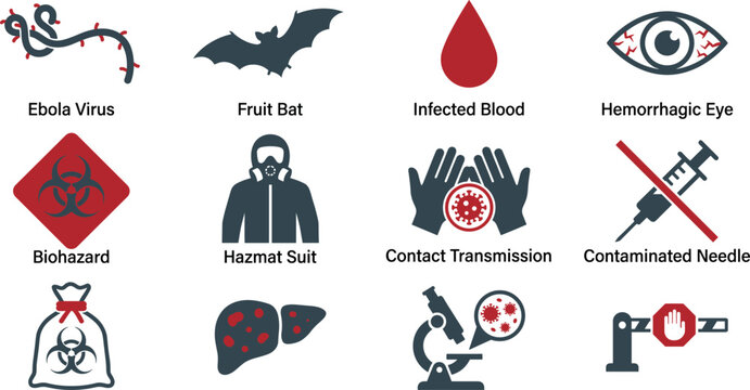 Ebola virus transmission and prevention icons including bat, blood, eye, biohazard, hazmat suit, needle, and microscope vector illustration