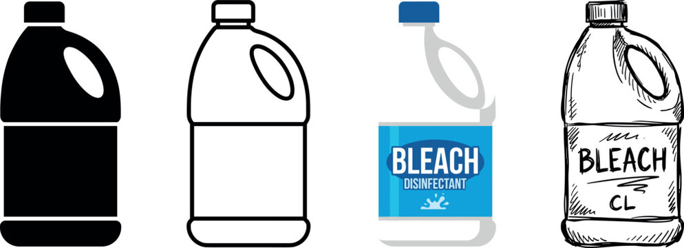 Four different styles of bleach bottles including a solid black icon a line drawing a colorful and a hand sketch vector illustration
