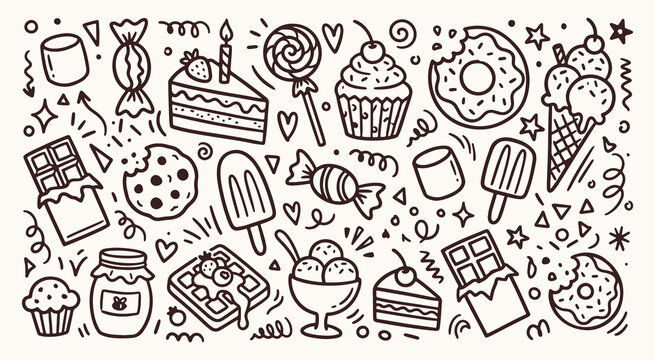 Sweet dessert doodle collection with cake cupcake donut ice cream and candy line art