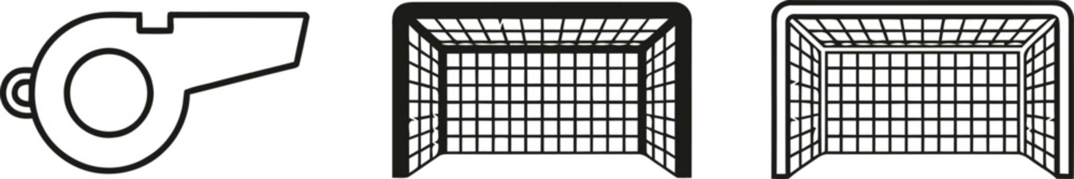 Black line art soccer goal and referee whistle icons
