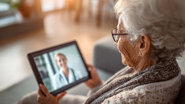 Elderly Woman Engaged in a Telemedicine Consultation with a Female Doctor on a Tablet, Highlighting Convenient Remote Healthcare for Seniors