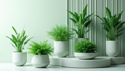 Fototapeta premium Various green houseplants in modern planters arranged on pedestals. Rich foliage and simple pots create a clean, natural aesthetic suitable for interior design inspiration or eco-conscious themes.