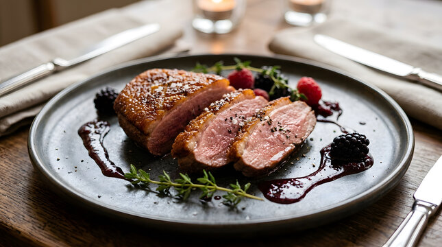 Pan seared duck breast with crispy skin | Gourmet roasted duck with berry balsamic reduction | Fine dining duck fillet with fresh berries | Elegant restaurant plating of medium rare duck meat