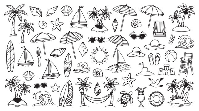 Hand Drawn Travel Icons Set with Beach, Vacation, Camping and Summer Adventure Elements Vector Illustration