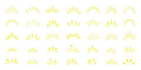 doodle line sparkle vector set, comic style decorative lines, burst effects, and dynamic radial patterns. Hand drawn pop surprise line frame for title headline illustration. Doodle sparkle and rays. © Hike Studio 2
