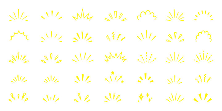 doodle line sparkle vector set, comic style decorative lines, burst effects, and dynamic radial patterns. Hand drawn pop surprise line frame for title headline illustration. Doodle sparkle and rays.