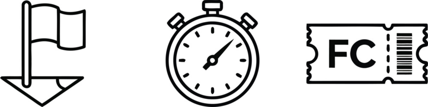 Black line icons of flag, stopwatch and ticket
