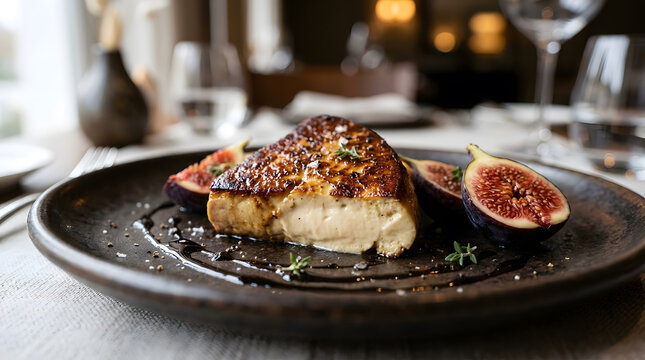 pan seared foie gras with figs | fine dining gourmet appetizer | french cuisine luxury food photography | upscale restaurant plated dish