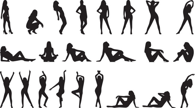 Women Silhouette Pose Collection Featuring Fashion Models Yoga Poses Dancing and Relaxing Female Figure Illustrations