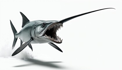 Fototapeta premium Swordfish leaps from water thrashing with open mouth full of sharp teeth. Big predatory fish swims in ocean surface splashing spray. Marine predator hunts prey showing dangerous maw.