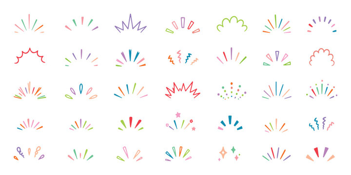 doodle line sparkle vector set, comic style decorative lines, burst effects, and dynamic radial patterns. Hand drawn pop surprise line frame for title headline illustration. Doodle sparkle and rays.