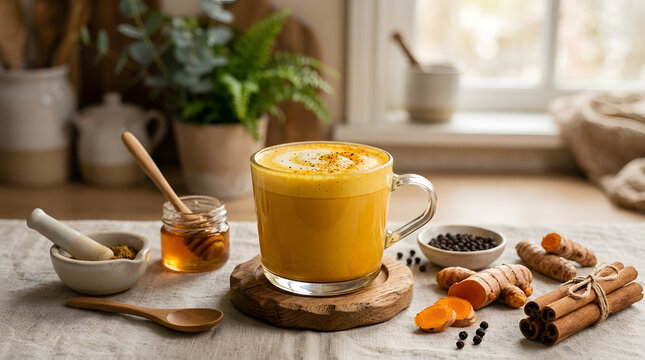 Healthy turmeric latte recipe ingredients | Homemade golden milk tea wellness drink | Ayurvedic golden milk with fresh turmeric and spices | Anti-inflammatory drink for holistic health