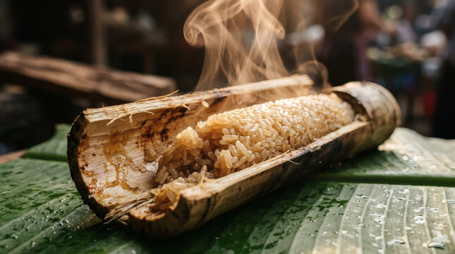 Com Lam Sticky Rice in Roasted Bamboo Tube on Banana Leaf