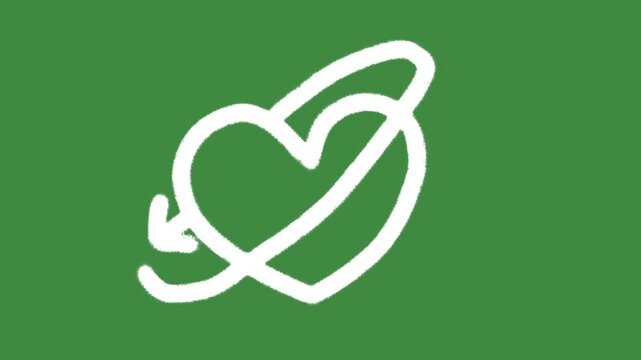 Heart recycling loop orbit arrow hand-drawn cartoon graphic with chalk outline refresh love icon isolated on green screen background for romantic symbol and wellness line art element concept.