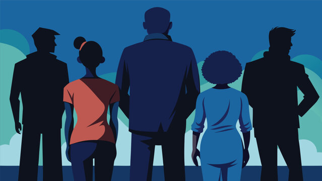 Diverse group of people standing together against a blue sky symbolizing unity and teamwork