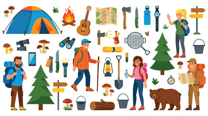 Naklejka premium Camping and hiking equipment with tourist characters set.