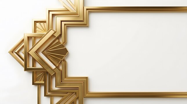 Geometric Art Deco gold frame with 3D tiered borders and fan-shaped motifs on a white background. Metallic architectural design for invitations, luxury certificates, and awards.