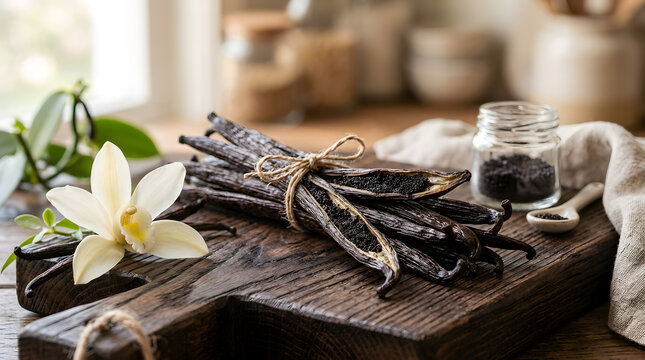 Fresh organic Madagascar vanilla beans on wooden board | Gourmet bourbon vanilla pods with aromatic orchid flower | Close up of split vanilla bean showing caviar seeds