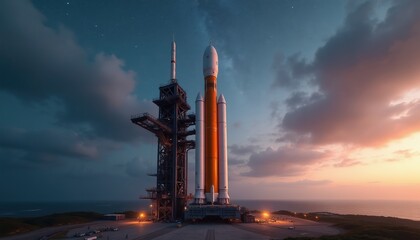 Fototapeta premium Heavy lift rocket stands ready on launch pad at coastal spaceport. Orange and white launch vehicle awaits ignition. Tower structure surrounds massive spacecraft before lift off.