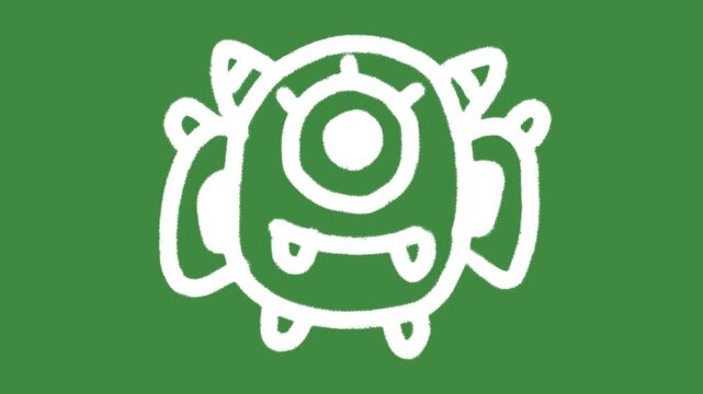 Cute one eyed alien monster hand-drawn cartoon graphic with chalk outline mascot character icon isolated on green screen background for playful creature line art.