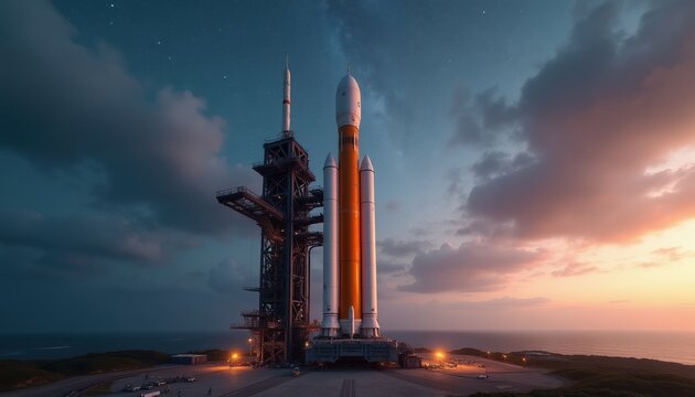 Heavy lift rocket stands ready on launch pad at coastal spaceport. Orange and white launch vehicle awaits ignition. Tower structure surrounds massive spacecraft before lift off.