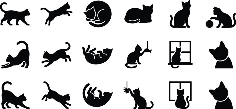 Black silhouette illustration of cats in multiple poses including walking, sitting, stretching, lying, and playing with objects like balls and windows