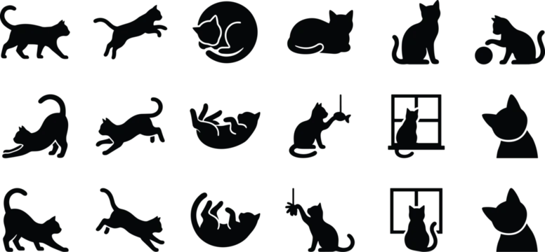 Black silhouette illustration of cats in multiple poses including walking, sitting, stretching, lying, and playing with objects like balls and windows