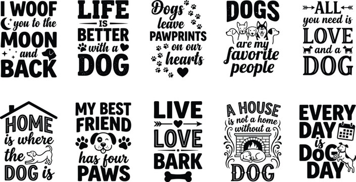 Creative black and white typographic illustration of dog quotes with paw prints, hearts, and silhouettes celebrating love, friendship, and companionship