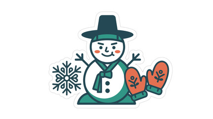 Obraz premium Cute Snowman with Korean Traditional Hat and Mittens, Snowflake Illustration