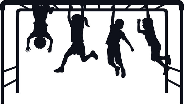 Black silhouette illustration of children hanging from monkey bars on playground structure, showing outdoor play, movement, exercise, and social activity