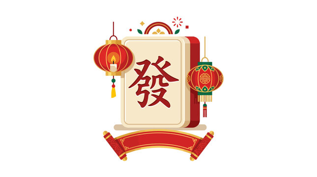 Chinese Mahjong Tile with Red Lanterns and Scroll - Lunar New Year Celebration