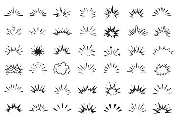 line sparkle vector set, comic style decorative lines, burst effects, and dynamic radial patterns in black for enhancing illustrations, comics, and graphic designs with energetic visual elements. ©  