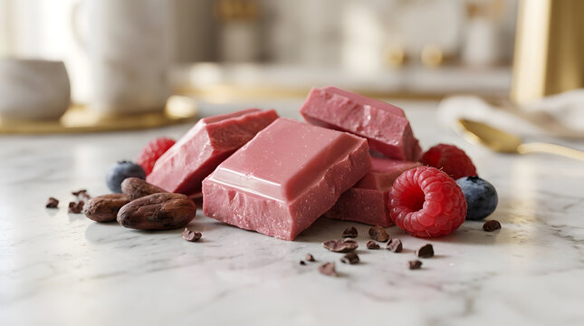 Gourmet ruby chocolate bars with fresh berries | Pink chocolate pieces and raspberries on marble | Luxury confectionery with cocoa beans and blueberries | Natural ruby cocoa product photography